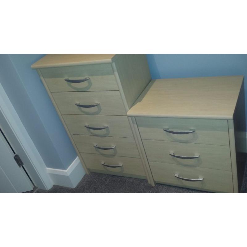 Two chest of drawers, 5 drawer and 3 drawer. Perfect storage for bedroom.