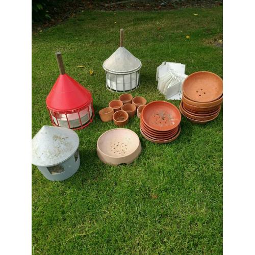 Pigeon feeders, drinkers, grit bowls, nest bowls and perches.