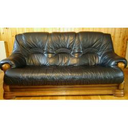 Dark blue leather 3 seater sofa and 2 armchairs