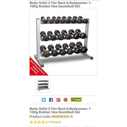 Rubber hex dumbells set and stand.