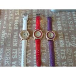 three brand new 2016 ladies watches diamond go goey rhinestone quartz with leather straps