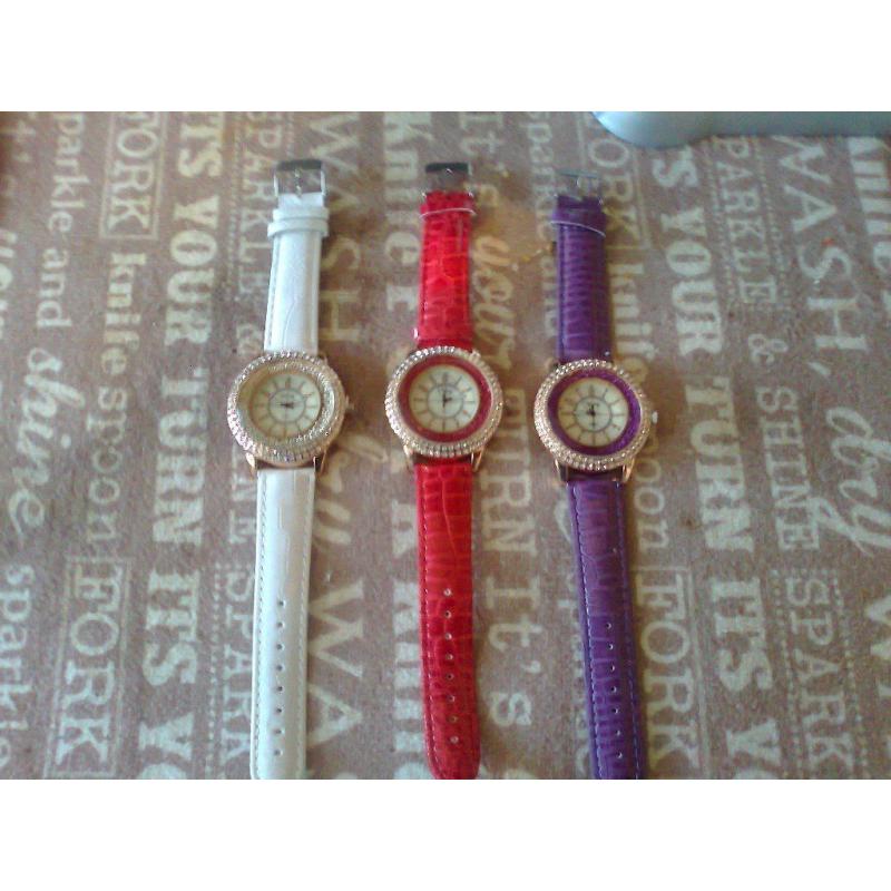 three brand new 2016 ladies watches diamond go goey rhinestone quartz with leather straps