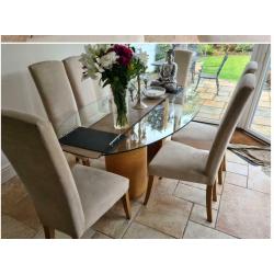 Tom Schneider swirl dining table and six chairs faux suede