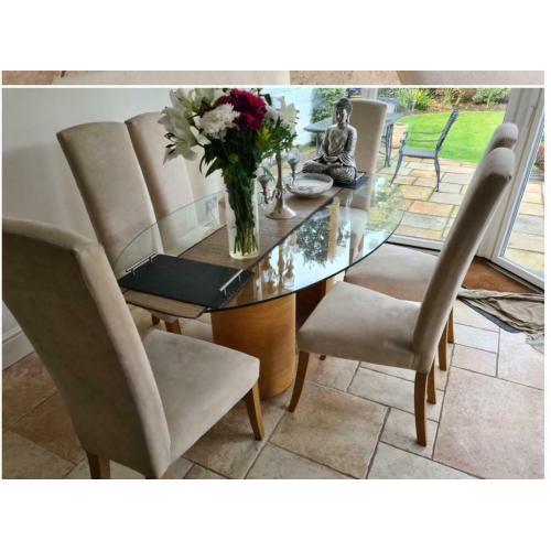 Tom Schneider swirl dining table and six chairs faux suede