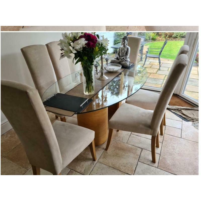 Tom Schneider swirl dining table and six chairs faux suede