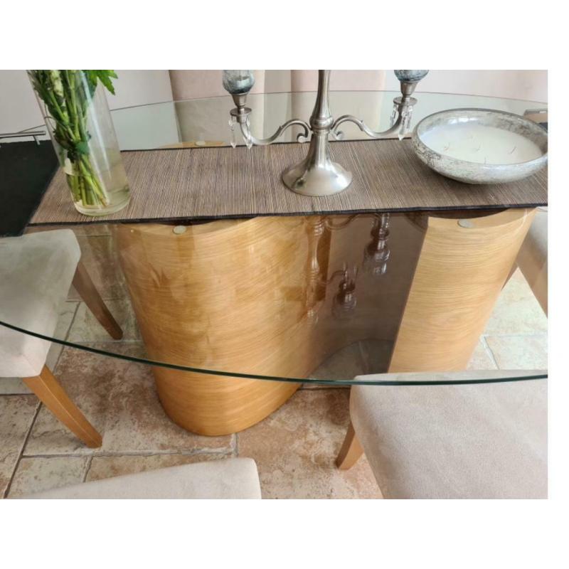 Tom Schneider swirl dining table and six chairs faux suede