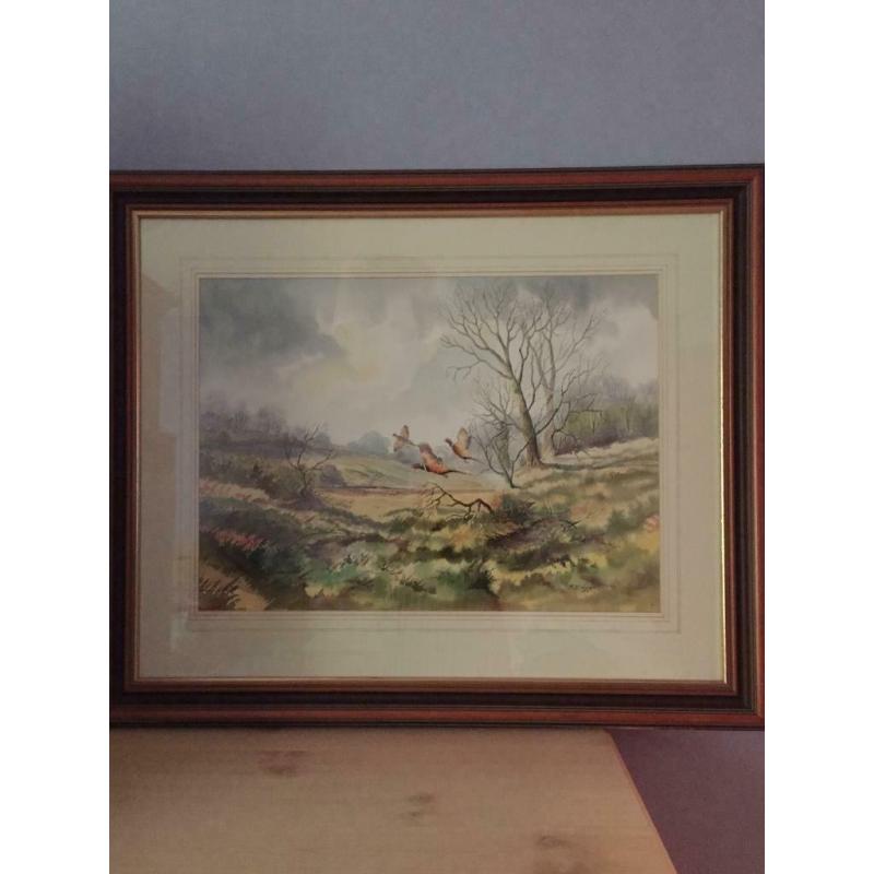 Large Watercolour - (Pheasants In Flight) By NI Artist The Late RB HIGGINS