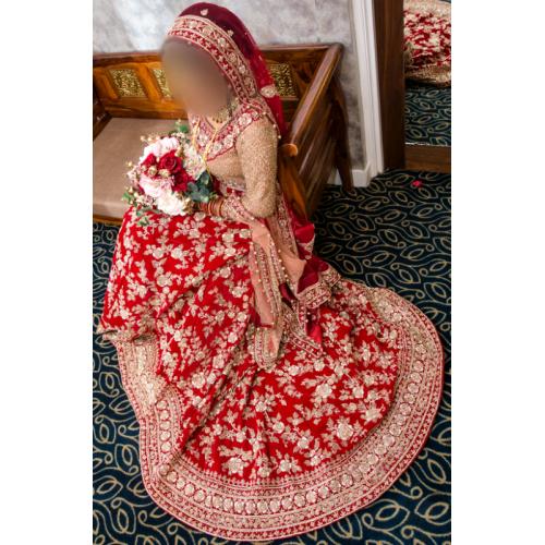 Heavy asian velvet Bridal Wedding dress. Dusky peach/pink and red.