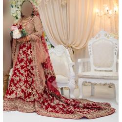 Heavy asian velvet Bridal Wedding dress. Dusky peach/pink and red.