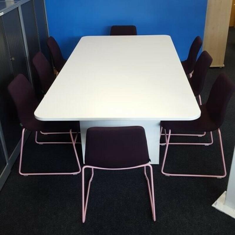 8 Person Modern White Conference / Meeting Table, Rectangular Shape, Rounded Edges