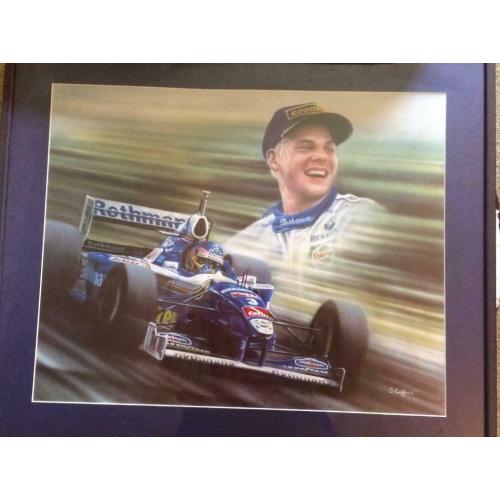 A framed print tribute to Formula 1 legend Jacques Villeneuve titled ?The Maple Leaf Maestro?